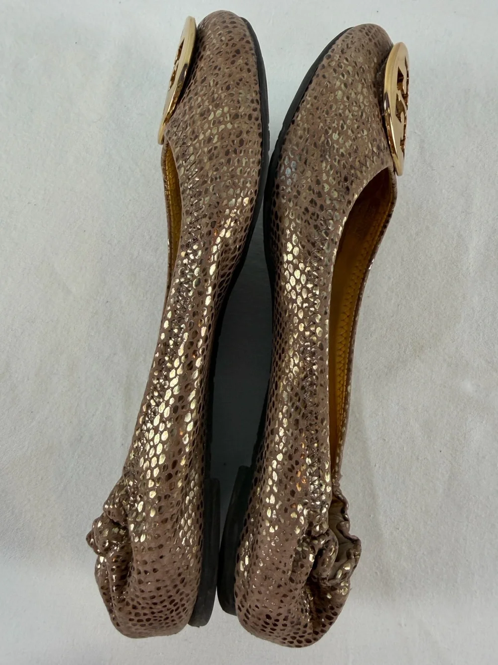 Tory Burch Snake Embossed Large Metal Logo Ballet Flat in Light Brown Gold 8.5